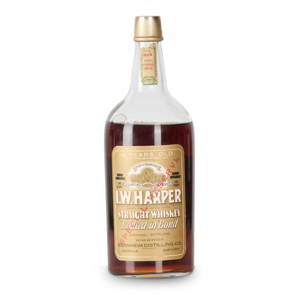IW Harper 18 Years Old 1916: IW Harper 18 Years Old 1916 Kentucky official bottling, distilled spring 1916, bottled fall 1934, tax strip partially removed quart 50% 1 bottle Footnotes: American, Bourbon For further information on