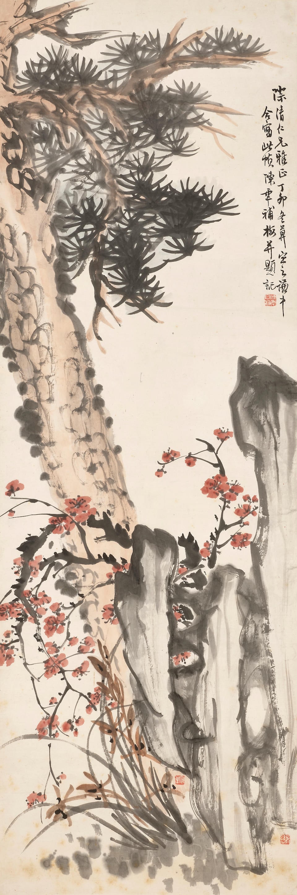 CHEN BANDING (1876-1970); XIAO QIANZHONG (1883-1944); TANG DINGZHI (1878-1948) Four Friends, 1927: CHEN BANDING (1876-1970); XIAO QIANZHONG (1883-1944); TANG DINGZHI (1878-1948) Four Friends, 1927 Ink and colour on paper, hanging scroll Inscribed and signed Chen Nian; Dingzhi; Qianzhong, with a ded