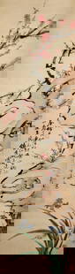 LIANG YUWEI (CA. 1844-1917) Peach Blossoms: LIANG YUWEI (CA. 1844-1917) Peach Blossoms Ink and colour on paper, hanging scroll Inscribed and signed Hangxue, with three artist's seals 173 x 48cm (68⅛ x 18⅞in) Footnotes: 梁É