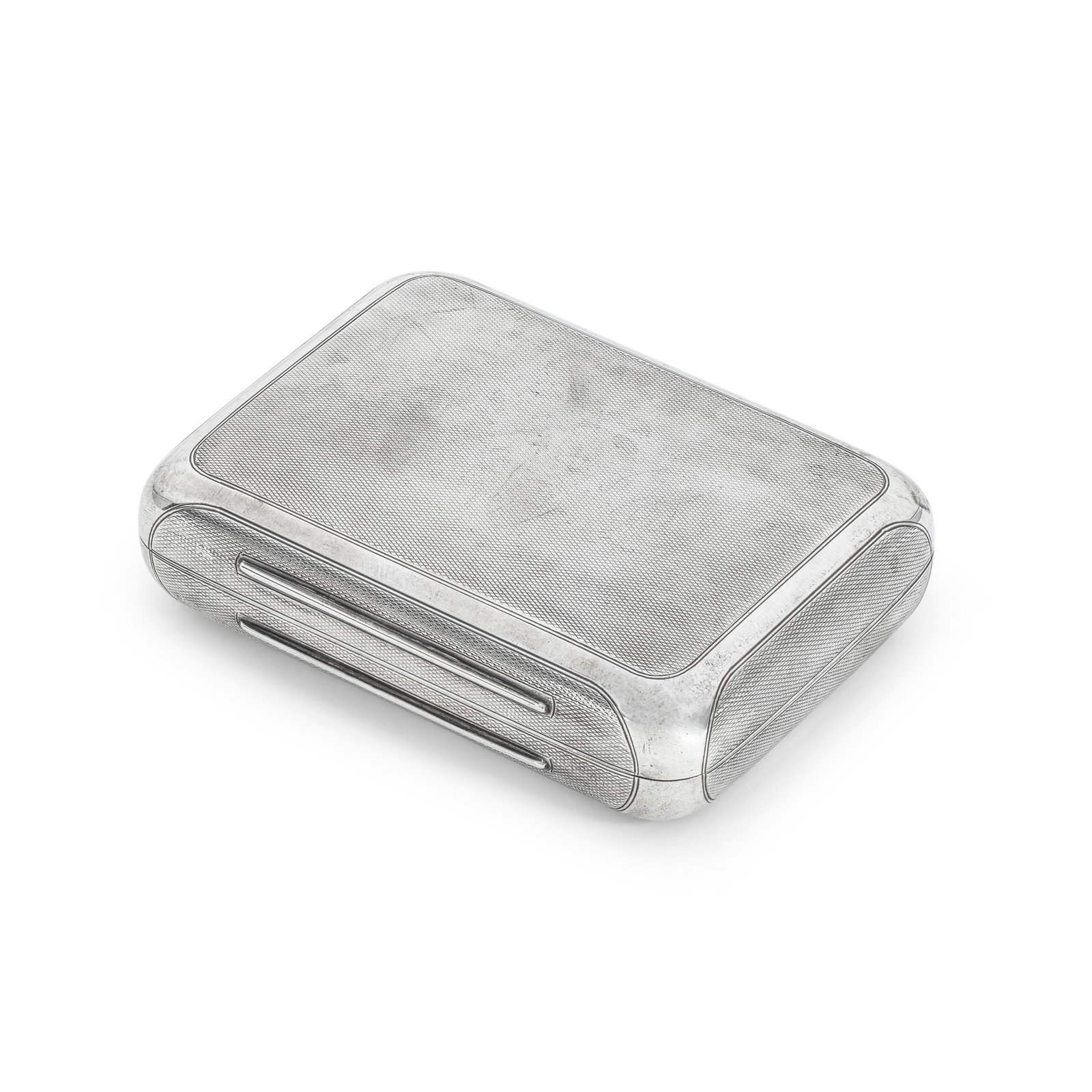 A Victorian silver cigar case Thomas Johnson, London 1872: A Victorian silver cigar case Thomas Johnson, London 1872 Rectangular form with rounded sides and corners, with engine-turned panels, gilt interior, length 14.5cm, weight 11.7oz.