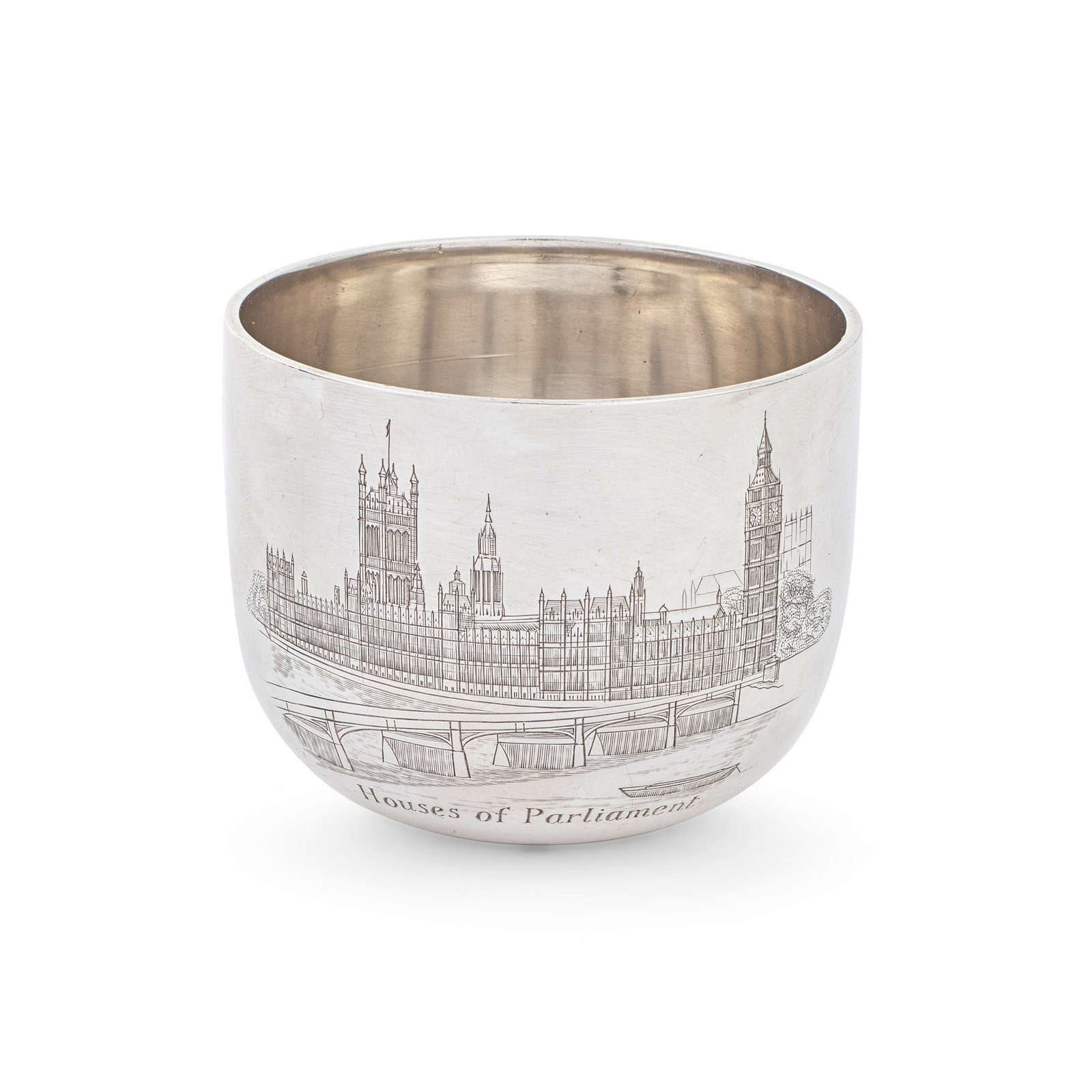 A silver 'Houses of Parliament' tumbler cup Richard Comyns, London 1970: A silver 'Houses of Parliament' tumbler cup Richard Comyns, London 1970 Of conventional form, engraved to the front depicting the Palace of Westminster, with Westminster bridge to the fore, engraved
