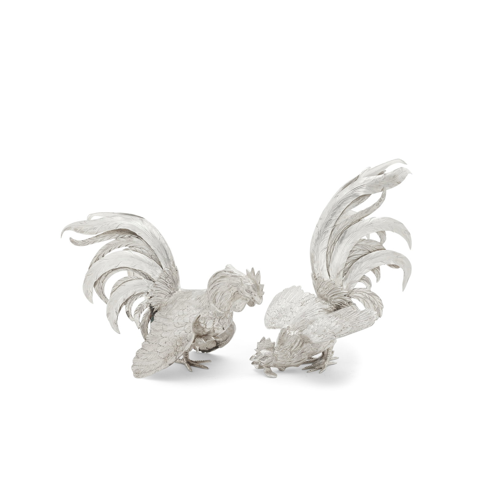 A pair of silver-gilt table ornaments modelled as Cockerels with marks for Asprey & Co Ltd and a...: A pair of silver-gilt table ornaments modelled as Cockerels with marks for Asprey & Co Ltd and also imports marks for London 1966 Realistically modelled standing, length 22.5cm and 20cm, weight 30oz.