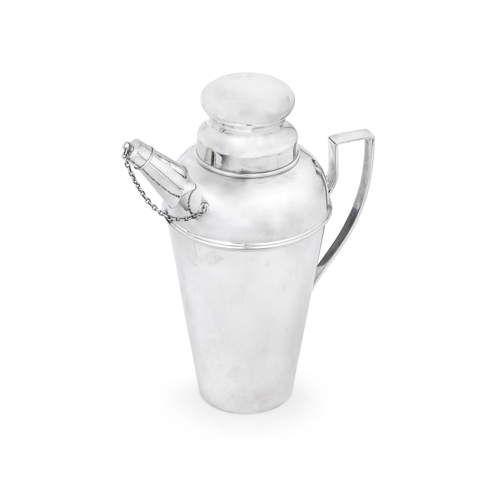 An American silver cocktail shaker Watson Company, stamped STERLING, circa 1930, also incuse st...: An American silver cocktail shaker Watson Company, stamped STERLING, circa 1930, also incuse stamped number 9543 Plain polished tapering body with rounded shoulders, short tapering angular spout with 