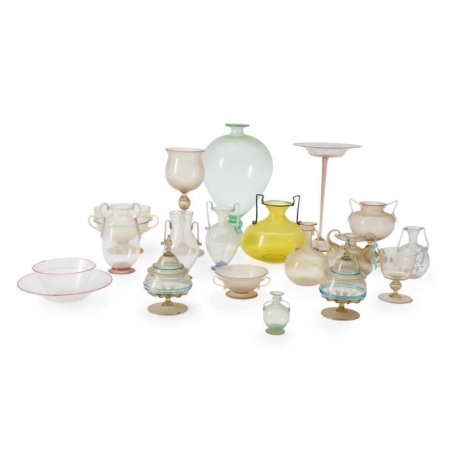 Eighteen Pieces of Murano Glass, Italy, early-late 20th century, bottle with blue handles labele... (1 of 1)