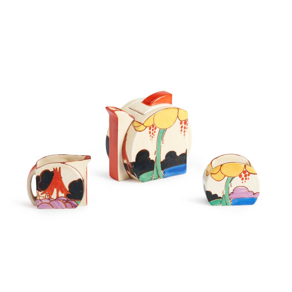 Three-piece Clarice Cliff (1899-1973)'Summer House' Pattern Tea Set, Burslem, England, c. 1930, ... (1 of 2)