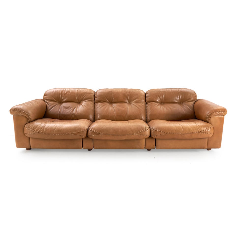 De Sede Three-seat Reclining Sofa, Switzerland, c. 1980, leather upholstery, each section reclin...: De Sede Three-seat Reclining Sofa, Switzerland, c. 1980, leather upholstery, each section reclines independently, ht. 28, wd. 100, closed position dp. 34, recline position dp. 42 in. For further infor