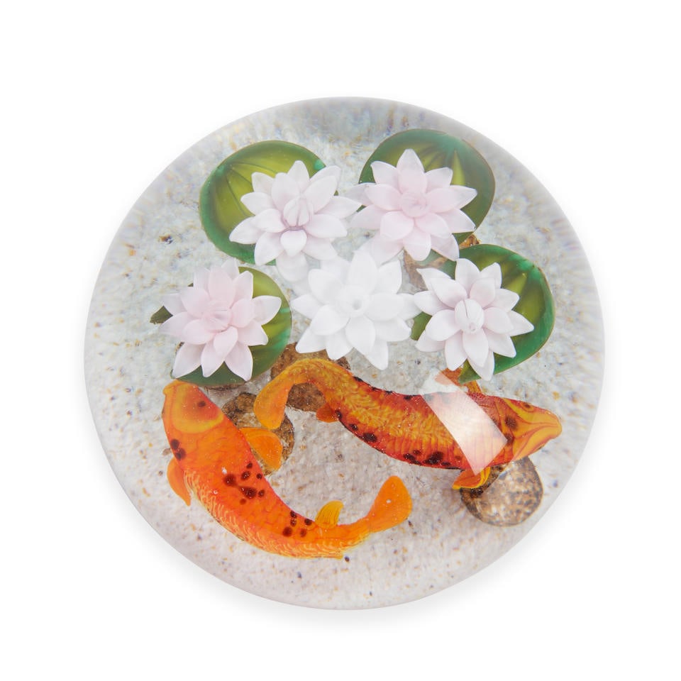 Gordon Smith (b. 1959) Paperweight with Waterlilies and Goldfish, Arizona, dated 1997, incised m... (1 of 2)