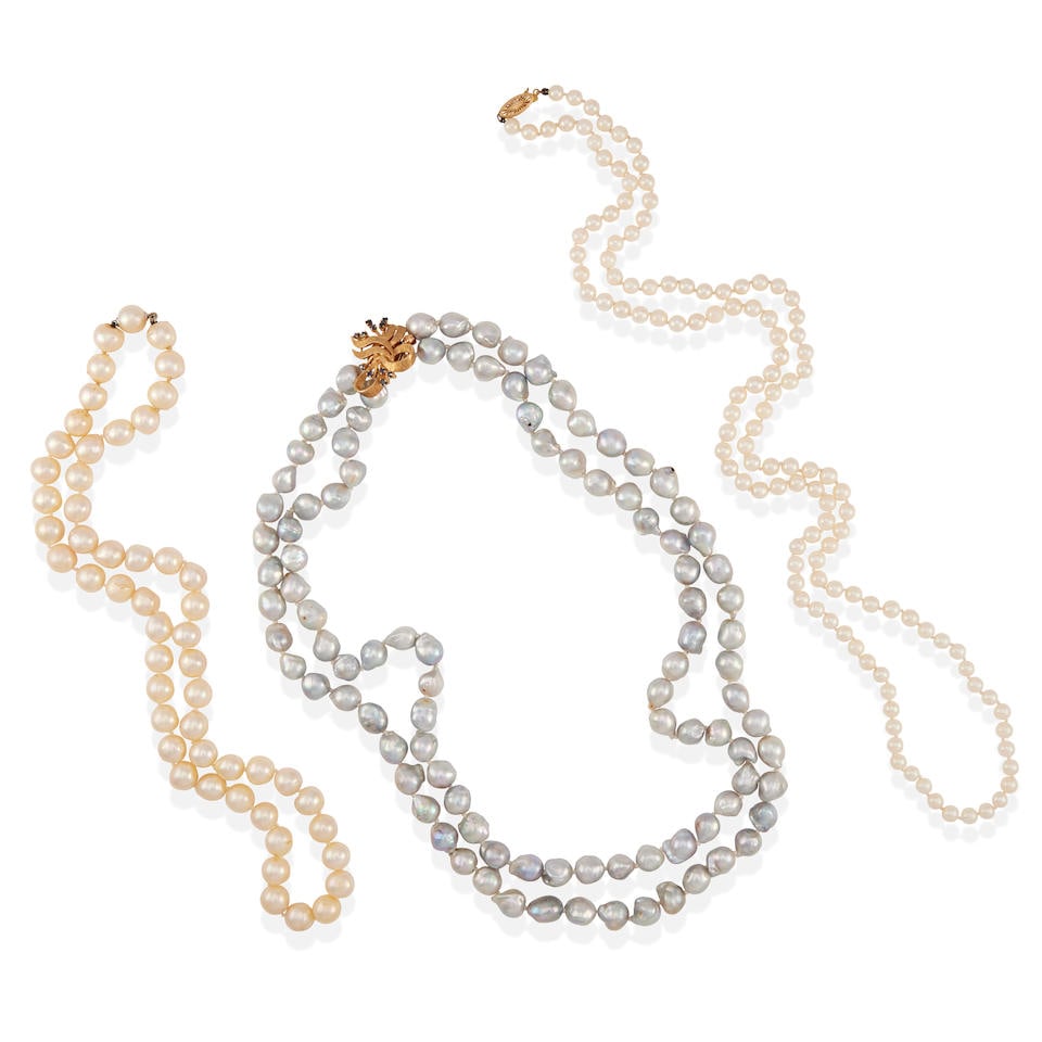 THREE 14K GOLD, CULTURED PEARL AND SAPPHIRE NECKLACES: THREE 14K GOLD, CULTURED PEARL AND SAPPHIRE NECKLACES • 14k yellow and white gold • Numerous round, semi-baroque and baroque cultured pearls • 11 round sapphires • Lengths 30 a