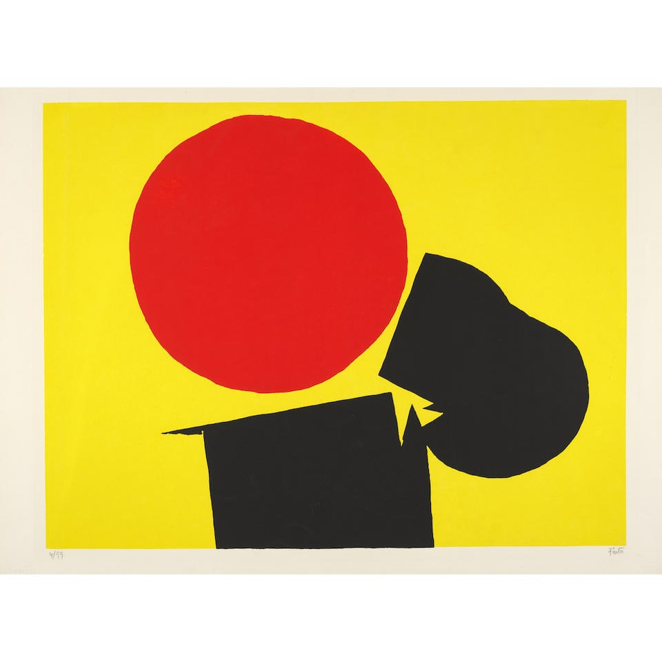 Luis Feito López (1929-2021); Abstract with Red Sun;: Luis Feito López (1929-2021) Abstract with Red Sun, c. 1970 Screenprint in colors on Lana paper, signed and numbered 4/99, with the blindstamp of the publisher Empreinte Éditions, Paris, wit
