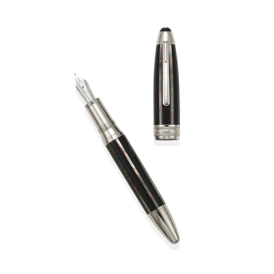 MONTBLANC. A RESIN AND MOTHER OF PEARL FOUNTAIN PEN: MONTBLANC. A RESIN AND MOTHER OF PEARL FOUNTAIN PEN Model: Meisterstuck Moon Pearl Date: Circa 2016 Case: Black resin with mother-of-pearl inlay barrel and cap, platinum plated ends Accompaniments: Fi