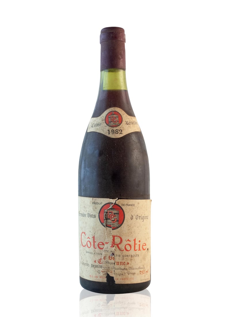 Côte-Rôtie, Côte Brune, Cuvée Reservée 1982, Marius Gentaz (1): Côte-Rôtie, Côte Brune, Cuvée Reservée 1982 Marius Gentaz (u: 3cms below base of capsule; badly bin-soiled, damp-stained & torn label; corroded capsule) 1 bottle For further