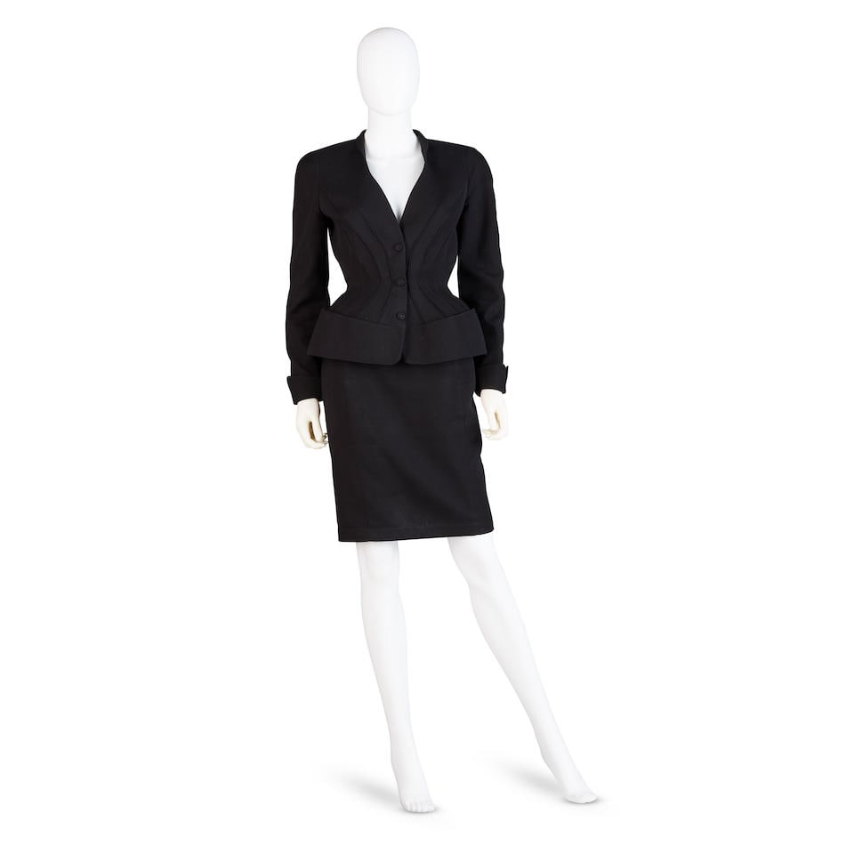 THIERRY MUGLER: SKIRT SUIT ENSEMBLE 1980's: THIERRY MUGLER: SKIRT SUIT ENSEMBLE 1980's • Marked Size 38 • 100% Cotton • Exaggerated Waist • Button Snap Closure to Jacket • Button Snap and Zip Closure to Skirt Footn