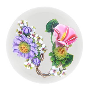 A Ken Rosenfeld floral bouquet paperweight, dated 2013: A Ken Rosenfeld floral bouquet paperweight, dated 2013 The braised stems gathering a bouquet of flowers including a purple gerbera daisy, pink morning glory and white forget-me-nots among leaves and