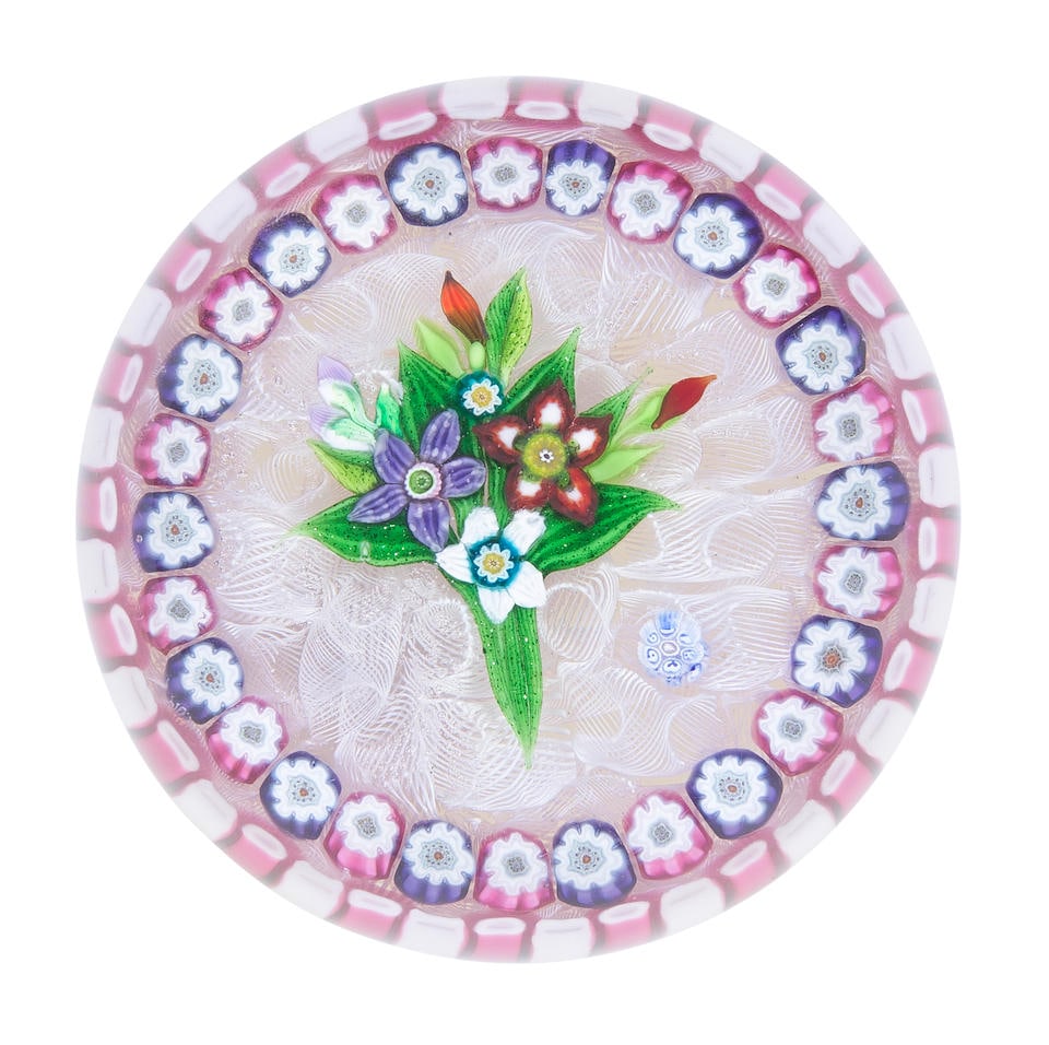 A Parabelle Glass flat bouquet piedouche paperweight, dated 1993 (1 of 2)
