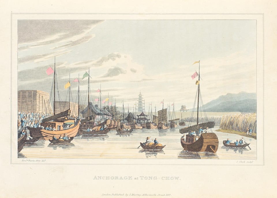 ELLIS (HENRY) Journal of the Proceedings of the Late Embassy to China, John Murray, 1817: ELLIS (HENRY) Journal of the Proceedings of the Late Embassy to China, engraved portrait frontispiece, 7 hand-coloured aquatint plates, 3 maps (one folding, two browned), light spotting mostly to tex
