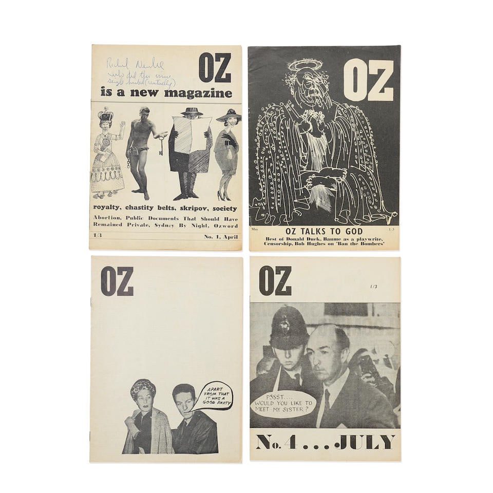OZ MAGAZINE - AUSTRALIA Oz Magazine, SYDNEY EDITION, issues 1-41, Sydney, 1963-1969; together wi...: OZ MAGAZINE - AUSTRALIA Oz Magazine, SYDNEY EDITION, issues 1-41, edited by Richard Neville, Richard Walsh, and Martin Sharp, illustrations, without subscription form in issue 4, pictorial wrappers,
