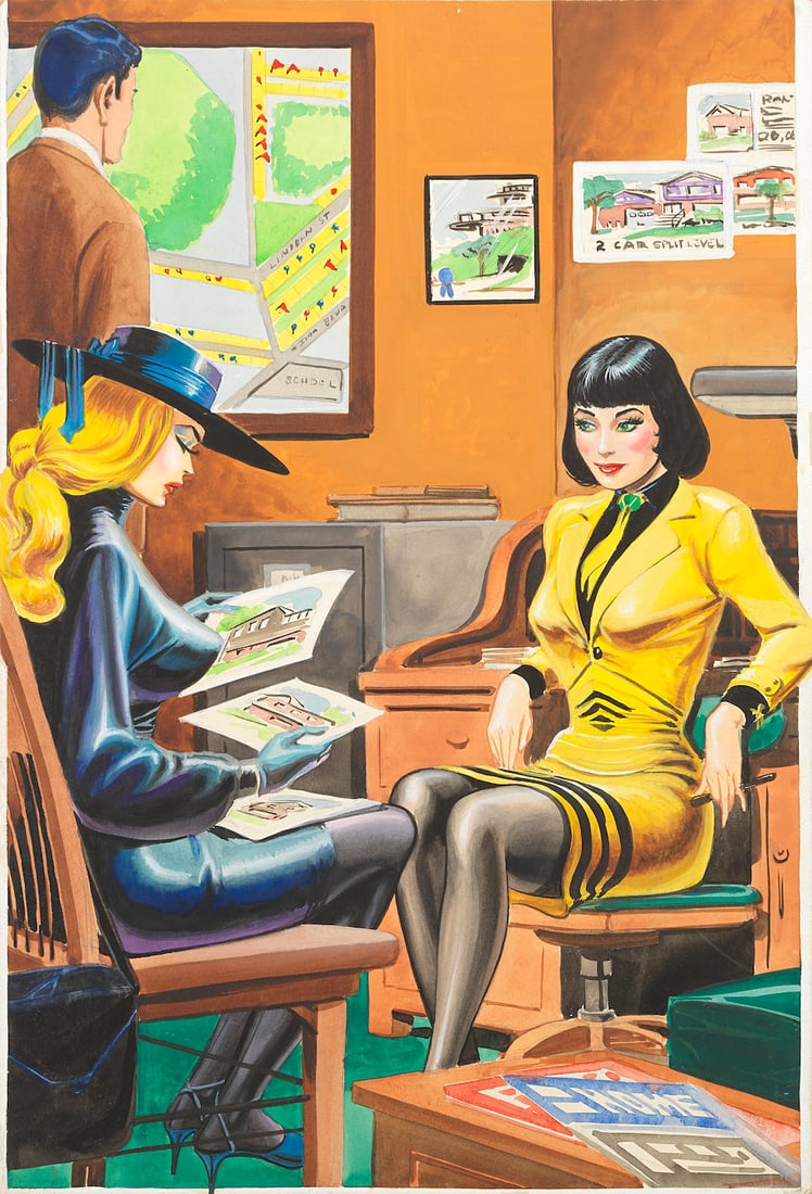 EROTICA STANTON (ERIC) Original cover work design for 'Down Payment', depicting two elegantly su...: EROTICA STANTON (ERIC) Original cover work design for 'Down Payment', depicting two elegantly suited women seated looking at house designs, pen, ink, watercolour and gouache on paste board, caption o