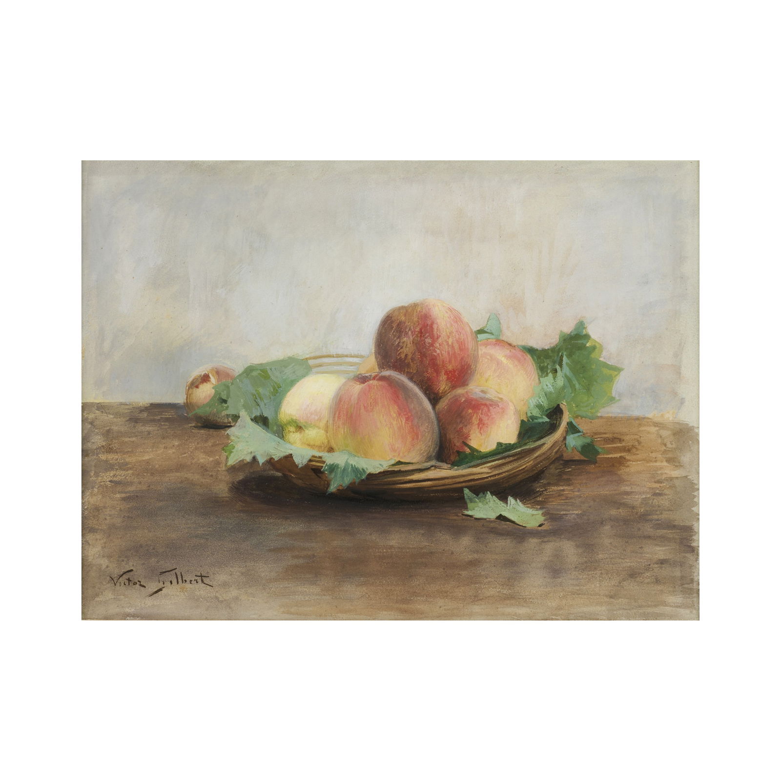 Victor Gabriel Gilbert (Paris 1847-1935) Nature morte aux pêches: Victor Gabriel Gilbert (Paris 1847-1935) Nature morte aux pêches signé 'Victor Gilbert' (en bas à gauche) pastel et aquarelle sur papier signed 'Victor Gilbert' (lower left) pastel and