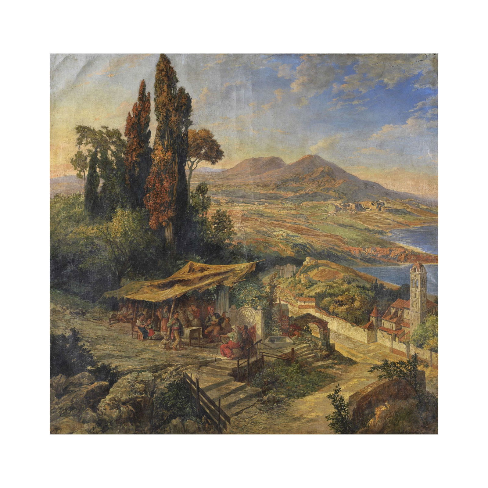 Oswald Achenbach (Düsseldorf 1827-1905) Paysage animé de figures: Oswald Achenbach (Düsseldorf 1827-1905) Paysage animé de figures signé 'Osw Achenbach' (en bas à droite) huile sur toile signed 'Osw Achenbach' (lower right) oil on canvas 120.1 x