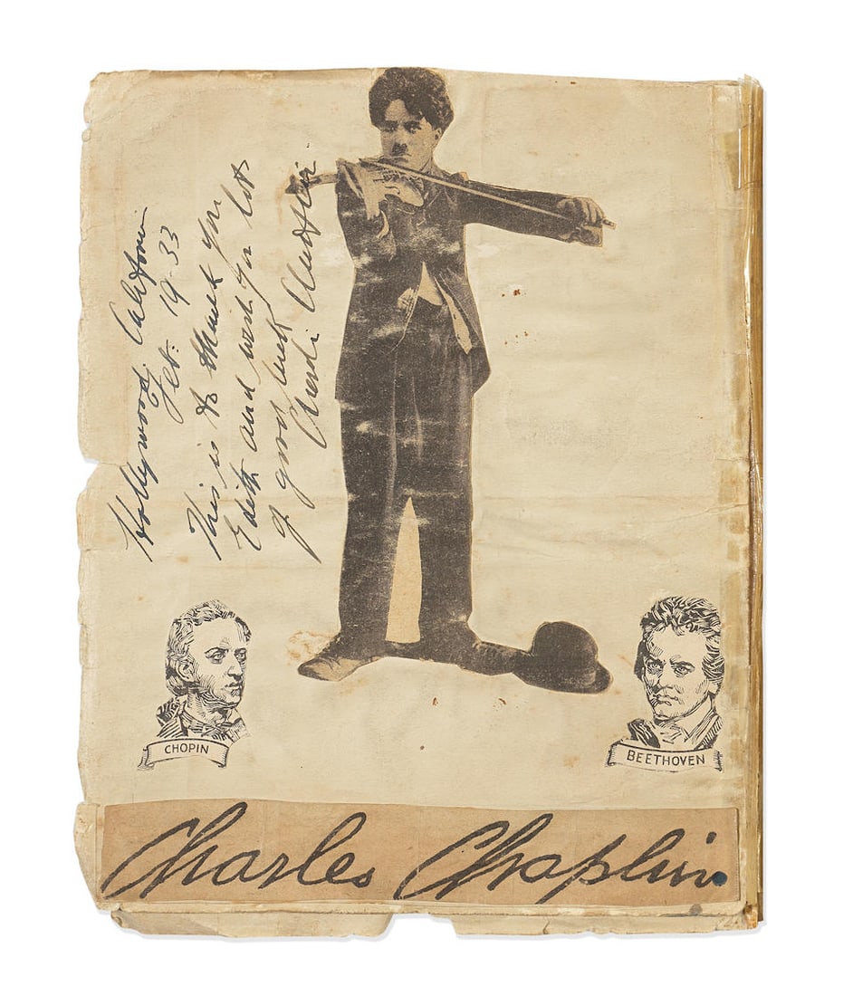 CHAPLIN (CHARLIE) Scrapbook of newspaper cuttings signed and inscribed Hollywood, February 1933 (1 of 1)