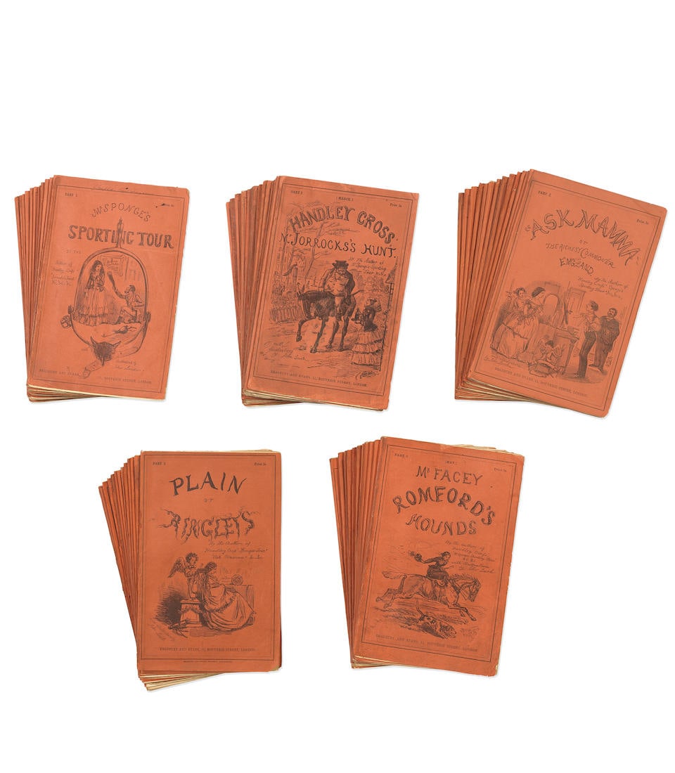 [SURTEES (ROBERT SMITH)] Collection of 5 sporting novels, FIRST EDITIONS IN THE ORIGINAL PARTS, ...: [SURTEES (ROBERT SMITH)] Collection of 5 sporting novels, FIRST EDITIONS IN THE ORIGINAL PARTS, comprising: Mr Sponge's Sporting Tour, first issue, with dedication to Lord Elcho, misprint on title of