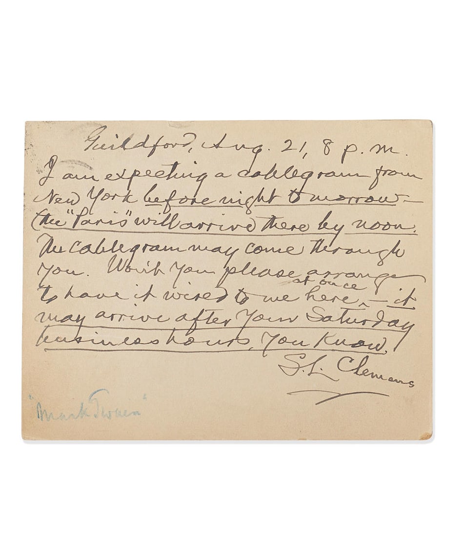 CLEMENS (SAMUEL LANGHORNE) 'Mark Twain' Autograph postcard signed, Guildford, August 1896 (1 of 2)