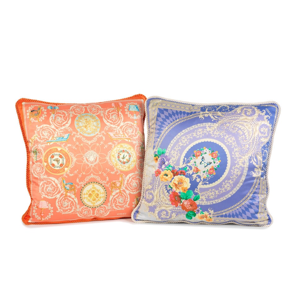 Versace: Two Silk Cushions: Versace: Two Silk Cushions Rococo style multicolour silk with twisted rope border (2) Condition Grade A- Each 40cm x 40cm Lot to be sold without reserve. For further information on this lot please vis