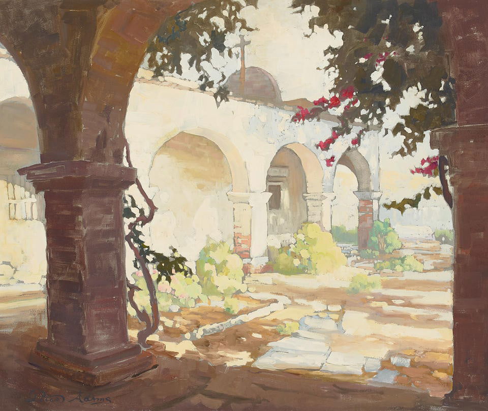 Peter Adams (born 1950) Courtyard at Mission San Juan Capistrano 20 x 24 in. framed 26 x 30 in.: Peter Adams (born 1950) Courtyard at Mission San Juan Capistrano signed 'Peter Adams' (lower left) oil on board 20 x 24 in. framed 26 x 30 in. Footnotes: Exhibited Oxnard, Carnegie Art Museum, Puerta