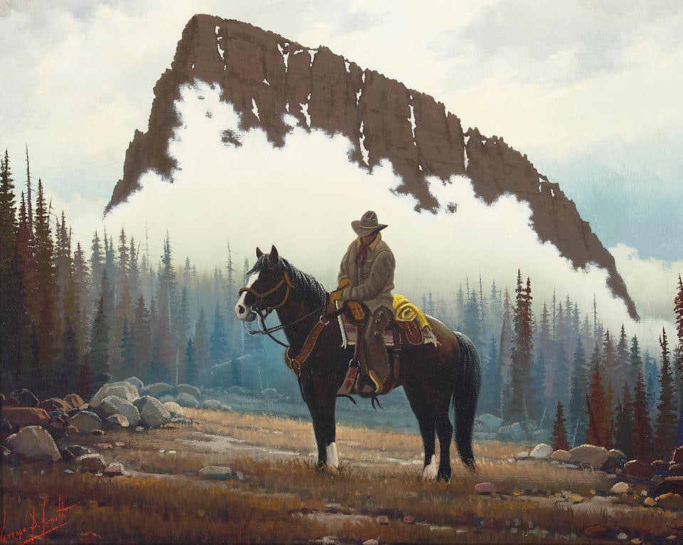 George Dee Smith (born 1944) Ghost Peak (North Fork of the Shoshone) 12 x 20 in. framed 23 3/4 ...: George Dee Smith (born 1944) Ghost Peak (North Fork of the Shoshone) signed 'George D. Smith' (lower left) and signed again, titled and dated 'Painted 1999' (on the reverse) oil on Masonite 12 x 20 in