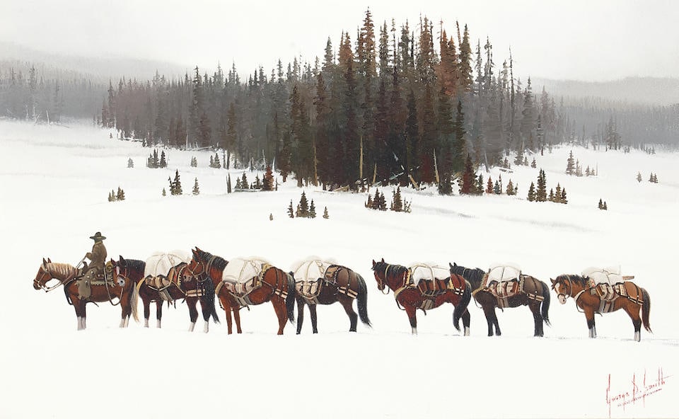 George Dee Smith (born 1944) Pack Trail on the Upper Yosemite 10 x 16 in. framed 18 x 24 in.: George Dee Smith (born 1944) Pack Trail on the Upper Yosemite signed 'George D. Smith' (lower right) and signed again, titled, inscribed and dated 'Painted 1999' (on the reverse) oil on panel 10 x 16