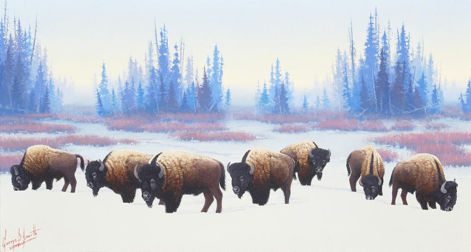 George Dee Smith (born 1944) Buffalo in Indian Basin 10 x 18 in. framed 16 x 24 1/2 in.: George Dee Smith (born 1944) Buffalo in Indian Basin signed 'George D. Smith' (lower left) and signed again, titled, inscribed and dated 'Yellowstone Winter / Painted 1999' (on the reverse) oil on Mas