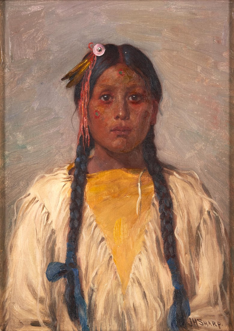 JOSEPH HENRY SHARP (American, 1859-1953) Falling Arrow (14 x 10 in (35.5 x 25.4 cm)framed 22 3/4...: JOSEPH HENRY SHARP (American, 1859-1953) Falling Arrow signed 'JHSharp.' (lower right); titled on a handwritten label (affixed to the backing board) oil on canvas 14 x 10 in (35.5 x 25.4 cm)framed 22