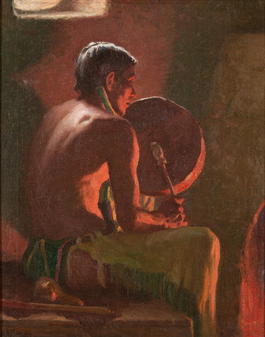 JOSEPH HENRY SHARP (American, 1859-1953) Bawling Deer, Firelight and Daylight (20 1/16 x 16 1/8 ...: JOSEPH HENRY SHARP (American, 1859-1953) Bawling Deer, Firelight and Daylight signed 'JHSHARP' (lower left); titled (on the stretcher) oil on canvas 20 1/16 x 16 1/8 in (51.0 x 41.0 cm)framed 27 1/2 x