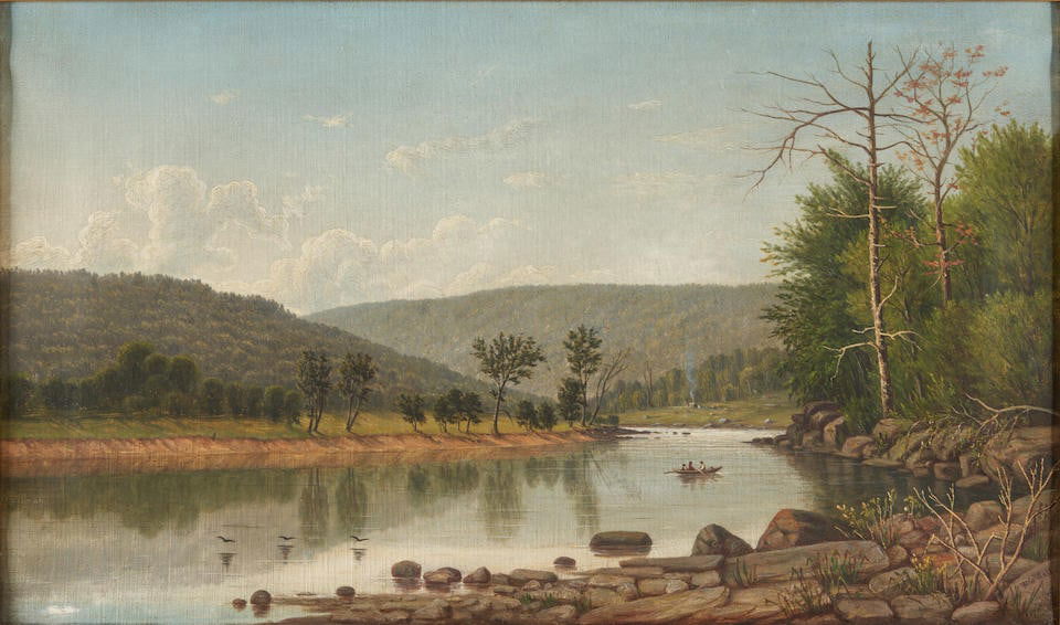 WILLIAM GUY WALL (Irish/American, 1792-1864) Boaters on a Mountain Lake (15 x 25 in (38.1 x 63.5...: WILLIAM GUY WALL (Irish/American, 1792-1864) Boaters on a Mountain Lake signed 'W.G. Wall' (lower right) oil on canvas 15 x 25 in (38.1 x 63.5 cm)framed 22 1/4 x 32 1/4 x 3 in (56.5 x 81.9 x 7.6 cm) S