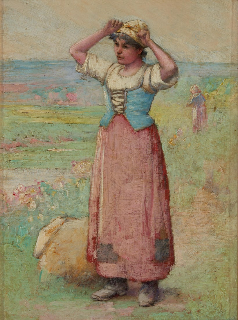 Circle of George Hitchcock (American, 1850-1913) A Peasant Girl in the Fields (12 1/2 x 9 1/4 in...: Circle of George Hitchcock (American, 1850-1913) A Peasant Girl in the Fields unsigned oil on board 12 1/2 x 9 1/4 in (31.8 x 23.5 cm)framed 15 1/4 x 12 1/4 x 1 1/4 in (38.7 x 31.1 x 3.2 cm) For furth