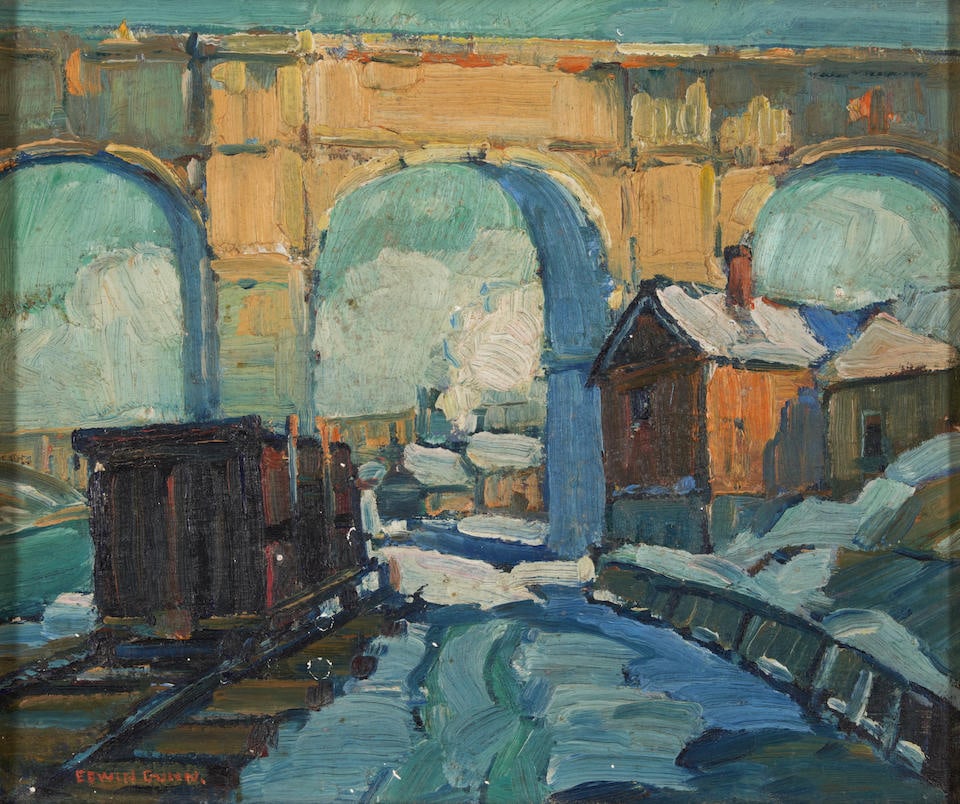 EDWIN H. GUNN (American, 1876-1940) A Trainyard and Arched Bridge in the Snow (9 x 11 in (22.9 x... (1 of 4)