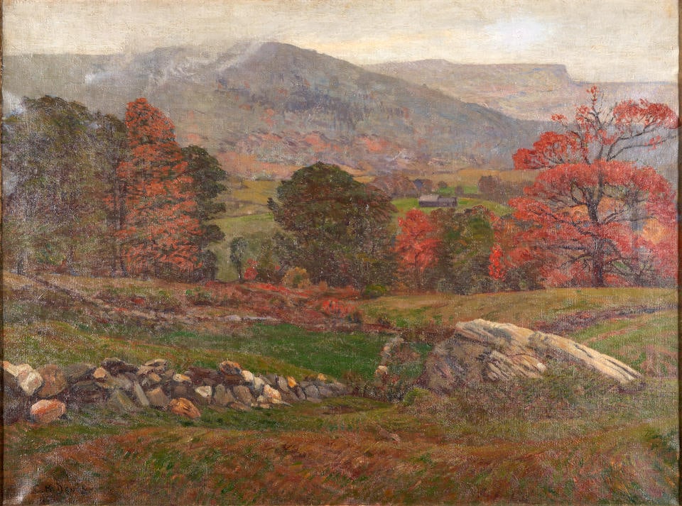 CHARLES HAROLD DAVIS (American, 1856-1933) Autumn Pastures and Rolling Hills (30 x 40 1/8 in (76...: CHARLES HAROLD DAVIS (American, 1856-1933) Autumn Pastures and Rolling Hills signed 'C.H.Davis-' (lower left) oil on canvas 30 x 40 1/8 in (76.4 x 102.0 cm)framed 37 1/2 x 47 1/2 x 2 1/2 in (95.4 x 12