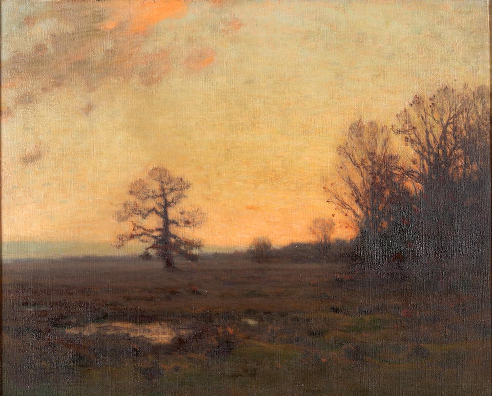 CHARLES HAROLD DAVIS (American, 1856-1933) A Sunset Landscape in Early Winter (17 x 21 in (43.2 ...: CHARLES HAROLD DAVIS (American, 1856-1933) A Sunset Landscape in Early Winter signed 'C.H. Davis' (lower right); label from T.A. Wilmurt & Son, New York (affixed to the reverse of the frame); inscribe