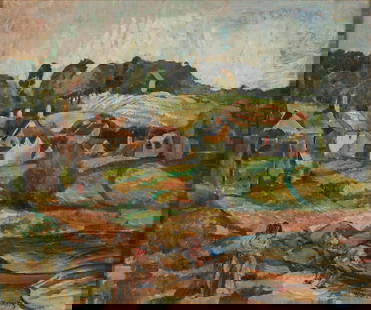 WILLIAM MEYEROWITZ (American, 1887-1981) A Village Landscape with Figures Pushing a Canoe into t...: WILLIAM MEYEROWITZ (American, 1887-1981) A Village Landscape with Figures Pushing a Canoe into the Water signed 'WM Meyerowitz' (lower right) oil on canvas 20 x 24 in (50.8 x 70.0 cm)framed 28 x 31 3/