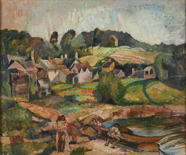 WILLIAM MEYEROWITZ (American, 1887-1981) A Village Landscape with Figures Pushing a Canoe into t...: WILLIAM MEYEROWITZ (American, 1887-1981) A Village Landscape with Figures Pushing a Canoe into the Water signed 'WM Meyerowitz' (lower right) oil on canvas 20 x 24 in (50.8 x 70.0 cm)framed 28 x 31 3/