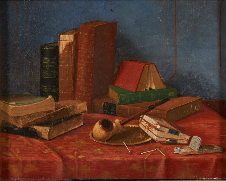 NICHOLAS ALDEN BROOKS (American, 1840-1904) Trompe l'Oeil with Pipe, Matches, and Books (7 3/4 x...: NICHOLAS ALDEN BROOKS (American, 1840-1904) Trompe l'Oeil with Pipe, Matches, and Books signed 'N.A. BROOKS.' (lower left, on the tacking edge of the canvas) oil on canvas 7 3/4 x 10 1/16 in (20.0 x 2