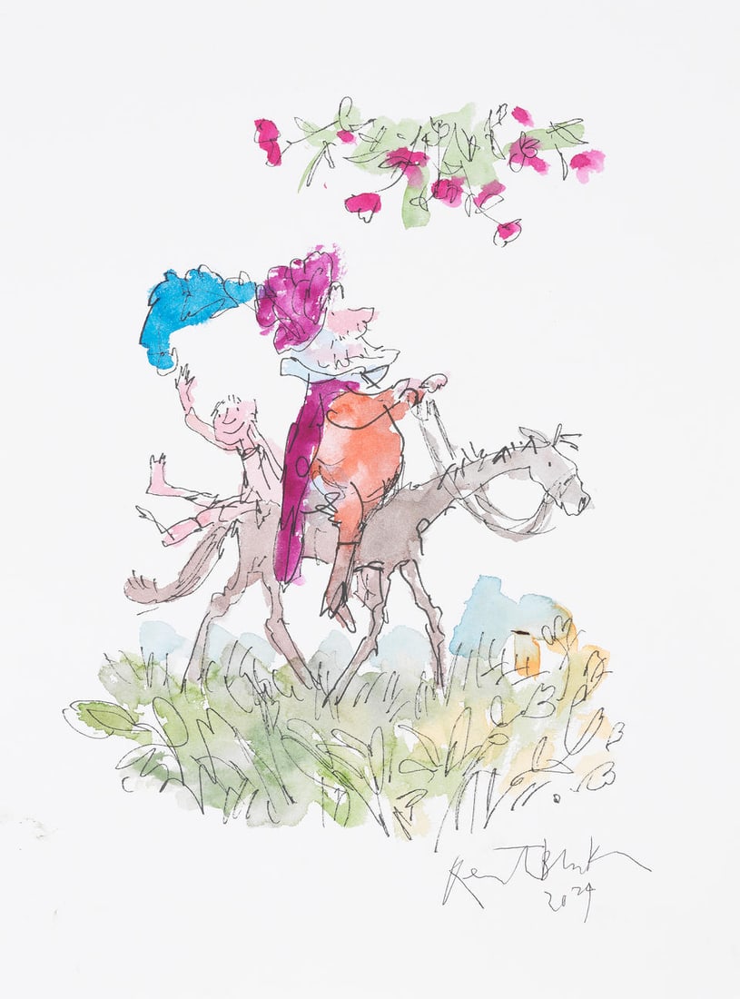 Sir Quentin Blake (British, born 1932) Snuff and Sir Thomas Magpie (unframed): Sir Quentin Blake (British, born 1932) Snuff and Sir Thomas Magpie signed and dated 'Quentin Blake/2024' (lower right) watercolour and pen and ink on paper 41 x 31cm (16 1/8 x 12 3/16in). (unframed) F