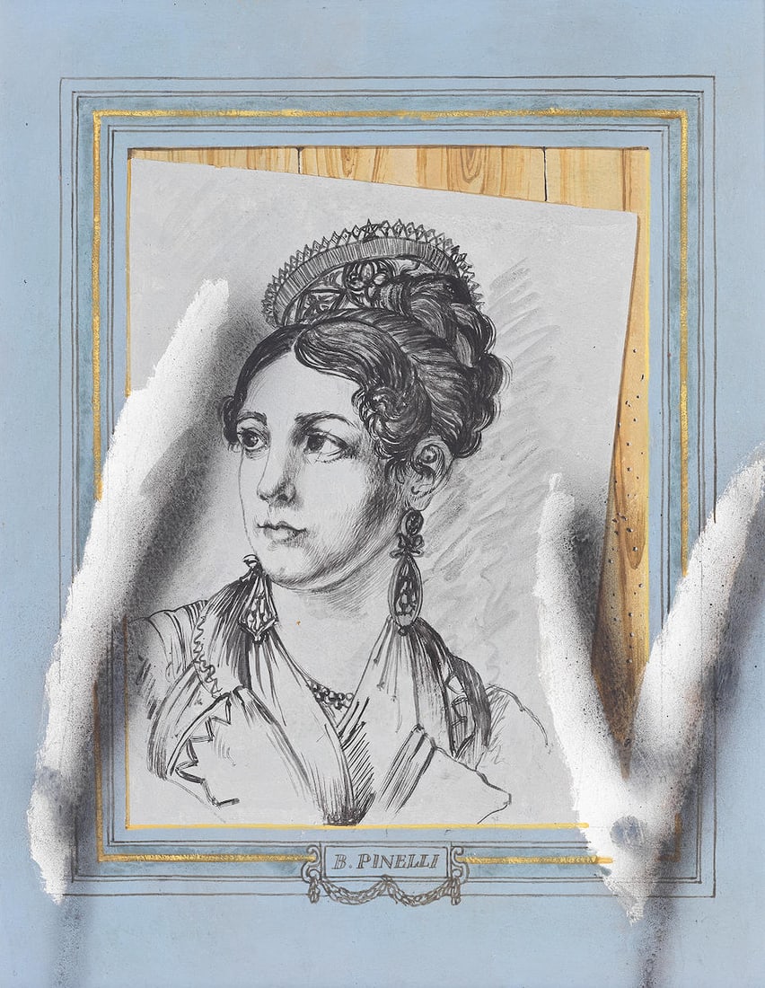 Martin Battersby (British, 1914-1982) Trompe l'oeil: After Bartolomeo Pinelli (together with a w...: Martin Battersby (British, 1914-1982) Trompe l'oeil: After Bartolomeo Pinelli Mixed media on board 37.5 x 30.5cm (14 3/4 x 12in). together with a watercolour of a tulip, attributed to Battersby, 30 x