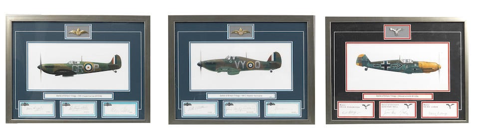 A series of three framed 'Battle of Britain Trilogy' aircraft profile prints mounted with pilot ... (1 of 1)