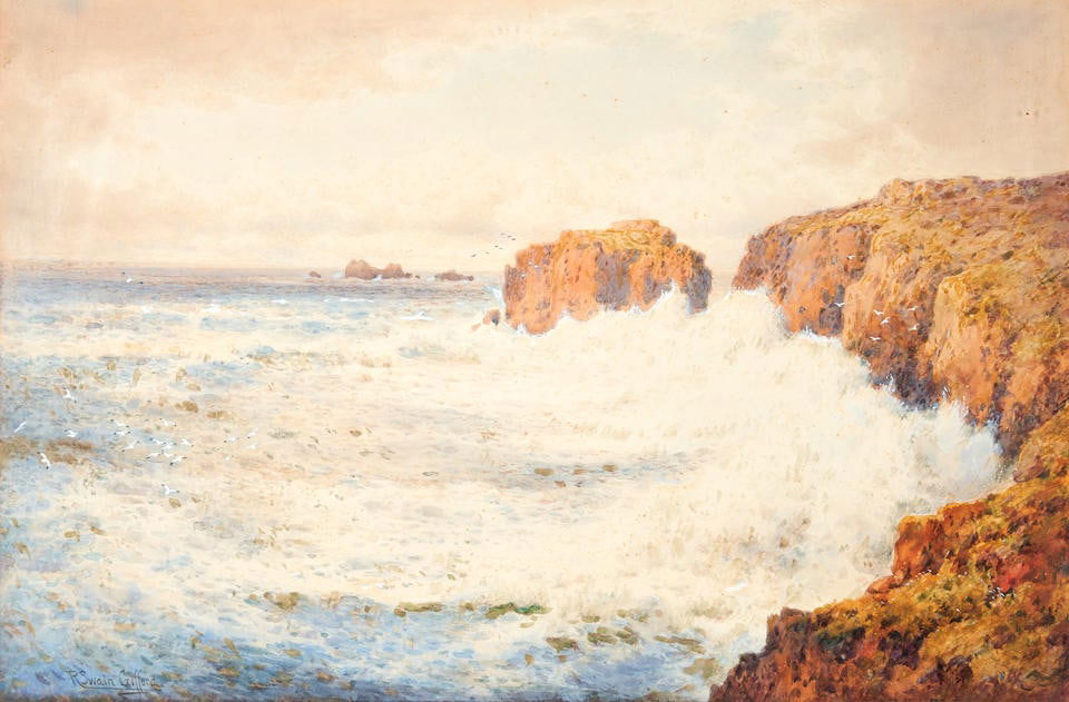 ROBERT SWAIN GIFFORD (AMERICAN, 1840-1905) SEAGULLS CIRCLING OVER A ROUGH WATERS BY THE CLIFFS (1 of 4)