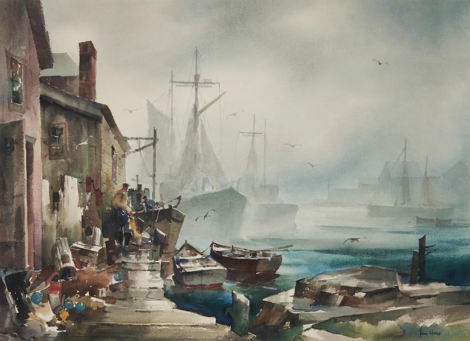 JOHN CUTHBERT HARE (AMERICAN, 1834-1903) A MISTY HARBOR SCENE: JOHN CUTHBERT HARE (AMERICAN, 1834-1903) A MISTY HARBOR SCENE • Watercolor on paper • Signed 'JOHN HARE' (lower right) • Framed • 22' x 30' sight size • 30 1/2' x 37 1/4'