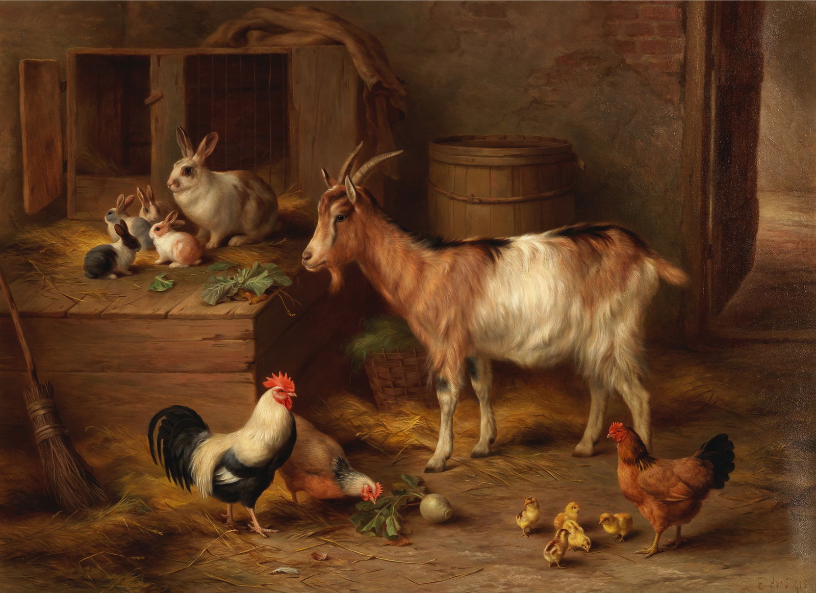 Edgar Hunt (British, 1876-1955) A goat, hens, chicks and rabbits at feeding time: Edgar Hunt (British, 1876-1955) A goat, hens, chicks and rabbits at feeding time signed and dated 'E Hunt 1915' oil on canvas 56 x 76cm (22 1/16 x 29 15/16in). Footnotes: Provenance<