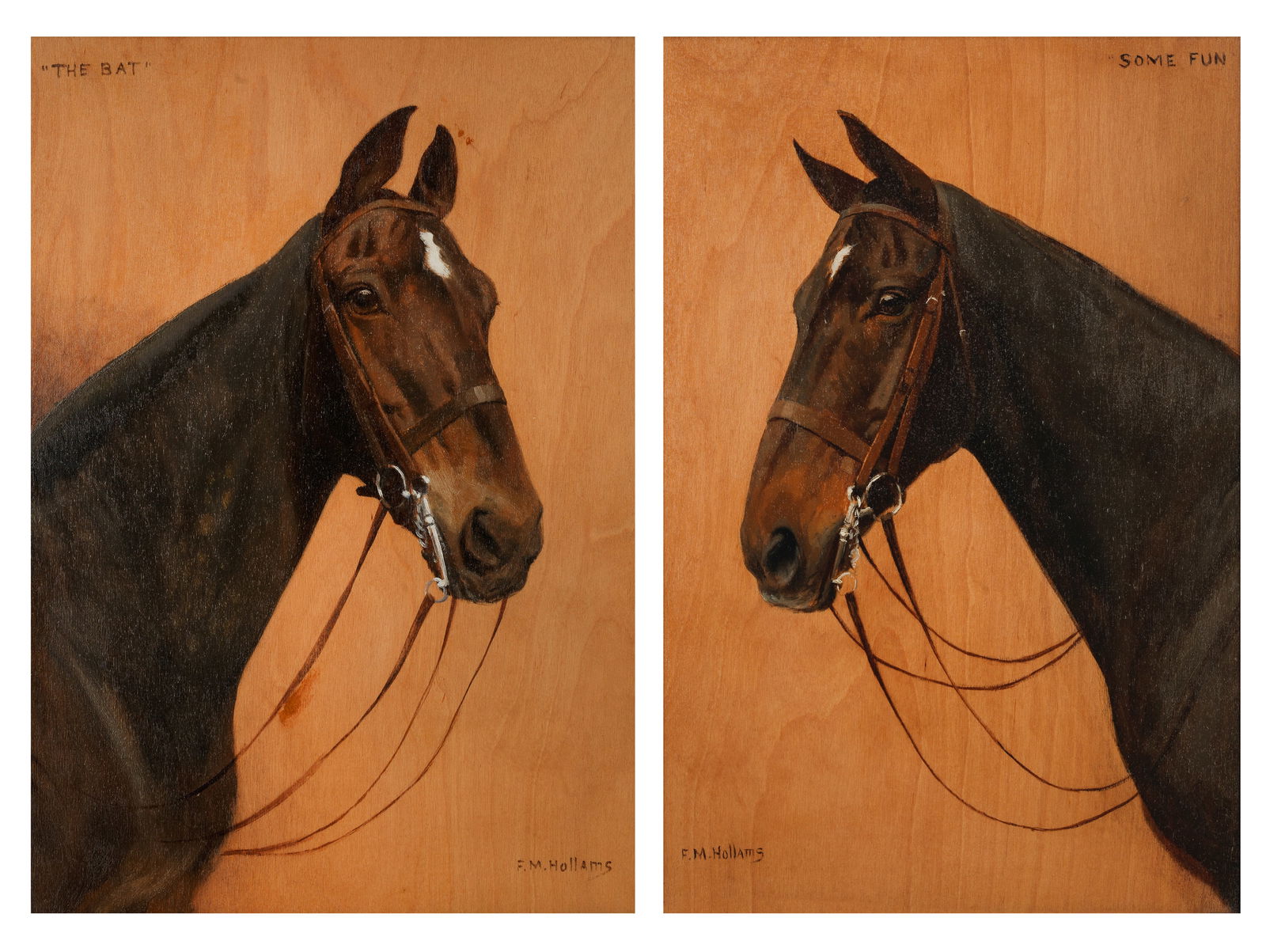 Frances Mabel Hollams (British, 1877-1963) 'The Bat'; 'Some Fun', a pair: Frances Mabel Hollams (British, 1877-1963) 'The Bat'; 'Some Fun', a pair both signed 'F.M.HOLLAMS' (one lower left, the other lower right) and titled (one upper left, the other upper right) oil on boa