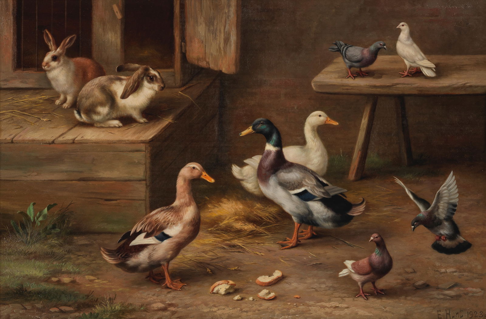 Edgar Hunt (British, 1876-1955) Ducks, rabbits and doves: Edgar Hunt (British, 1876-1955) Ducks, rabbits and doves signed and dated 'E Hunt 1923' oil on canvas 31 x 46cm (12 3/16 x 18 1/8in). Footnotes: Provenance Private collection, UK