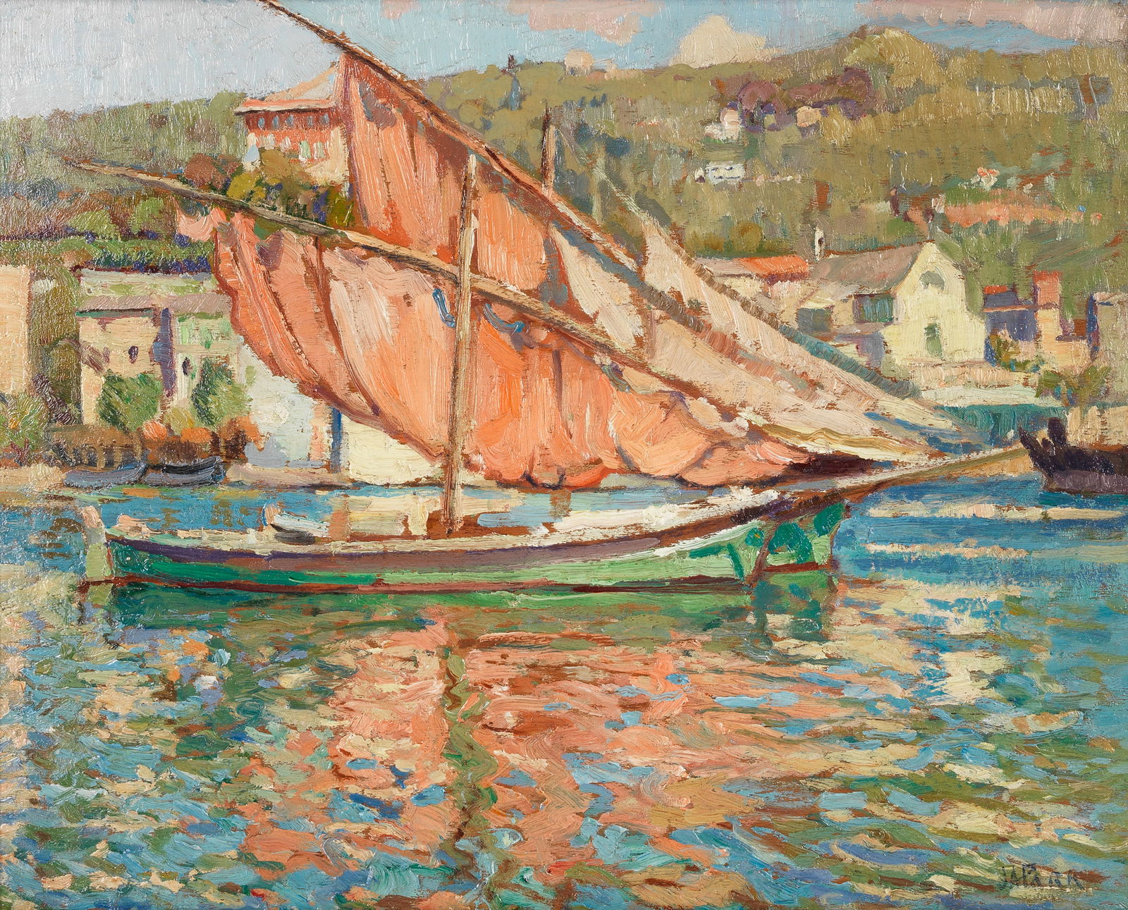 John Anthony Park (British, 1880-1962) Orange sails, Santa Margherita: John Anthony Park (British, 1880-1962) Orange sails, Santa Margherita signed 'JAPark' (lower right); bears title 'ORANGE Sails, Santa Margarita' (on the reverse) oil on panel 33 x 41cm (13 x 16 1/8in)